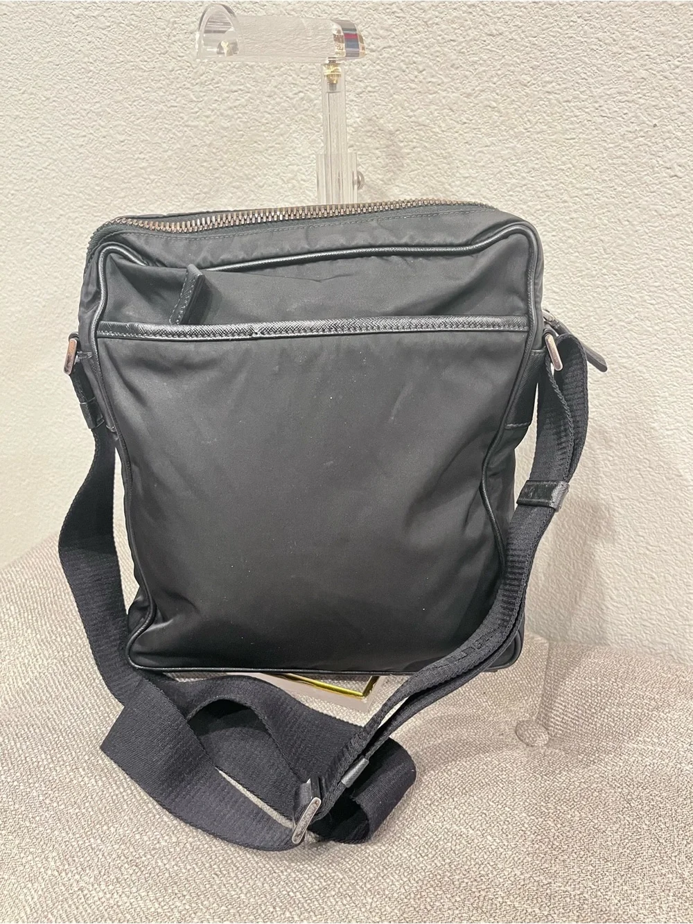 PRADA TESSUTO NYLON AND SAFFIANO LEATHER MESSENGER BAG.